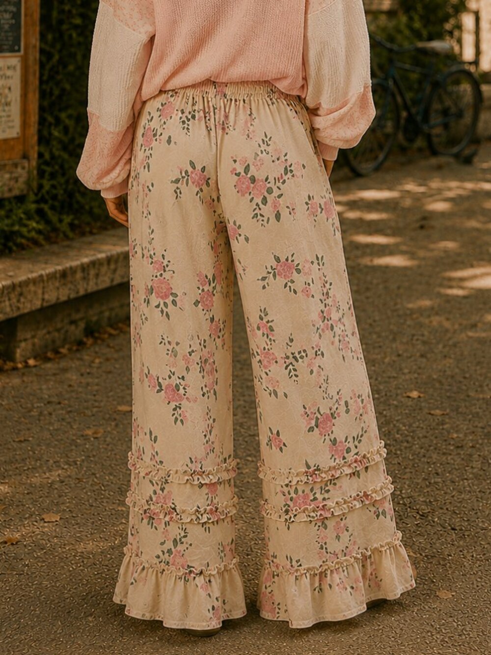 BiBi Floral Denim Ruffle Wide Leg Pants Cottagecore Boho Tiered Palazzo Pants - Picture 5 of 11